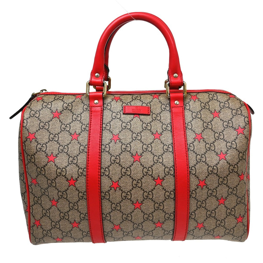 Gucci GG Supreme Joy Duffle Shoulder Bag Beige Red 193603 525040: Gucci GG Supreme Joy Duffle Shoulder Bag Beige Red 193603 525040 Gucci GG Supreme Stars Joy duffle bag in beige coated canvas with red leather handles and beige lining. This medium women's shoulder ba