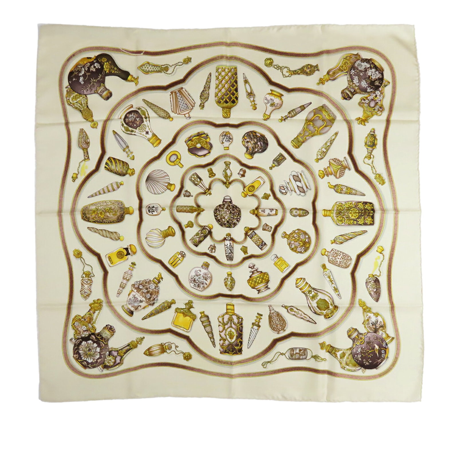 Hermes Brown Silk Twill 90cm Scarf Qu Importe le Flacon: Hermes Brown Silk Twill 90cm Scarf Qu Importe le Flacon This Hermes Qu Importe le Flacon Silk Scarf 90 showcases a distinctive print on luxurious 100% silk fabric. Crafted in France, the scarf feature