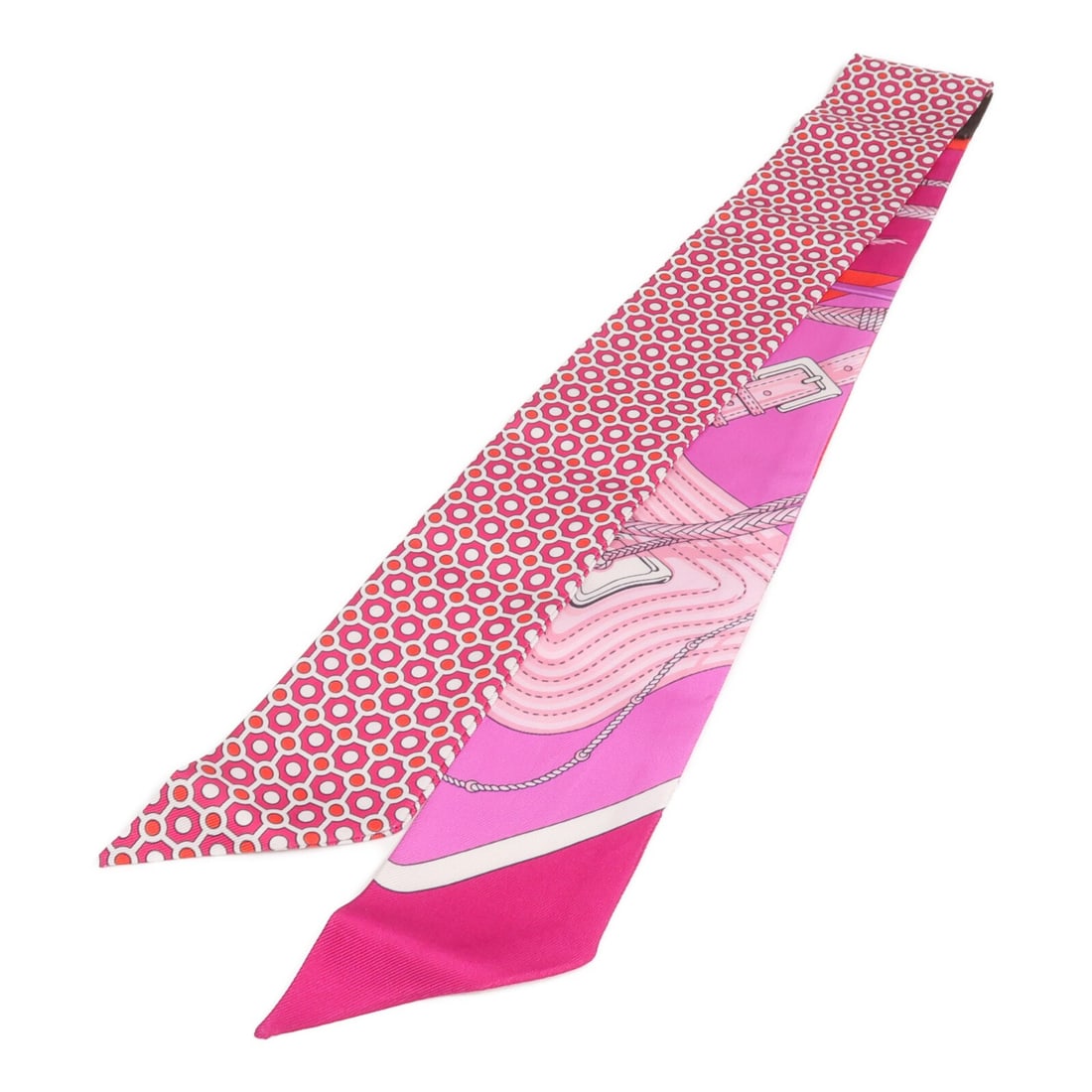 Silk Pink Twilly Scarf by Hermes France: Silk Pink Twilly Scarf by Hermes France This Hermes Twilly scarf is crafted from silk in a vibrant pink hue. Made in France, it offers a stylish accessory option in a regular size and is in very good,