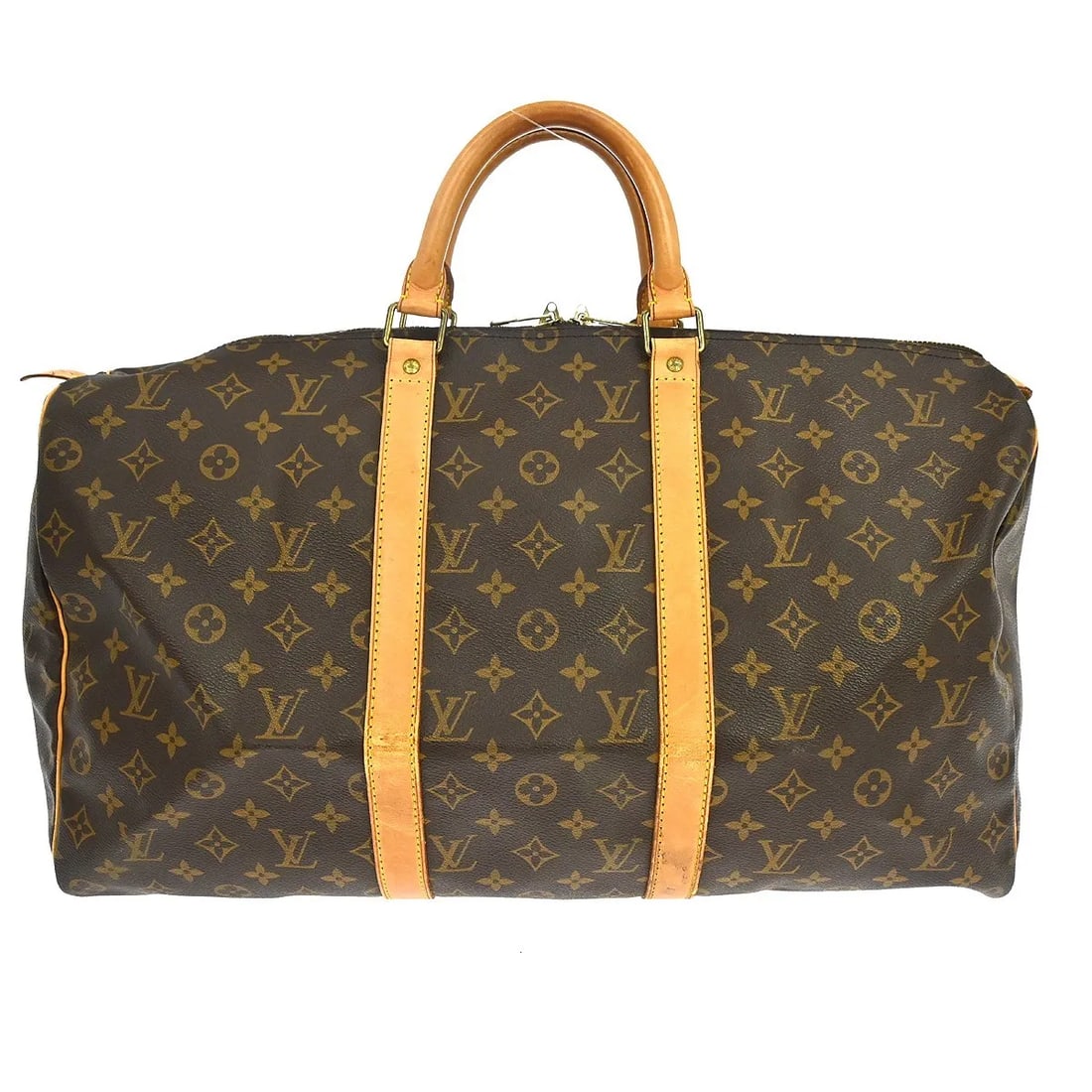 Louis Vuitton Keepall Monogram Canvas Travel Bag 50cm: Louis Vuitton Keepall Monogram Canvas Travel Bag 50cm This Louis Vuitton Keepall Bag features the iconic Monogram canvas in brown and is designed for unisex use. The bag shows visible signs of wear, i