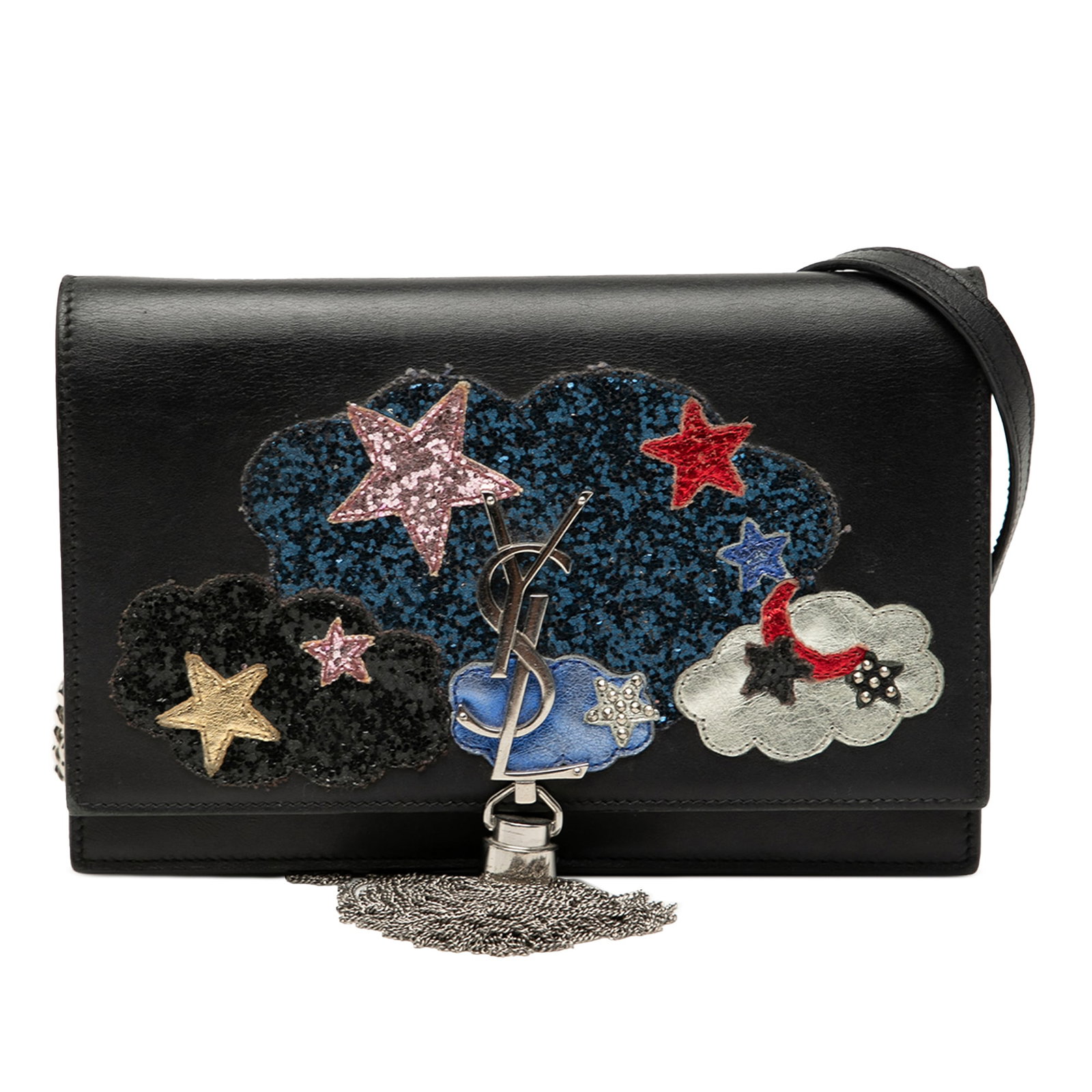 Saint Laurent Kate Wallet on Chain with Cloud Star Applique and Tassel: Saint Laurent Kate Wallet on Chain with Cloud Star Applique and Tassel This Saint Laurent Kate wallet on chain is crafted from black calfskin leather and features cloud star appliques and a signature 