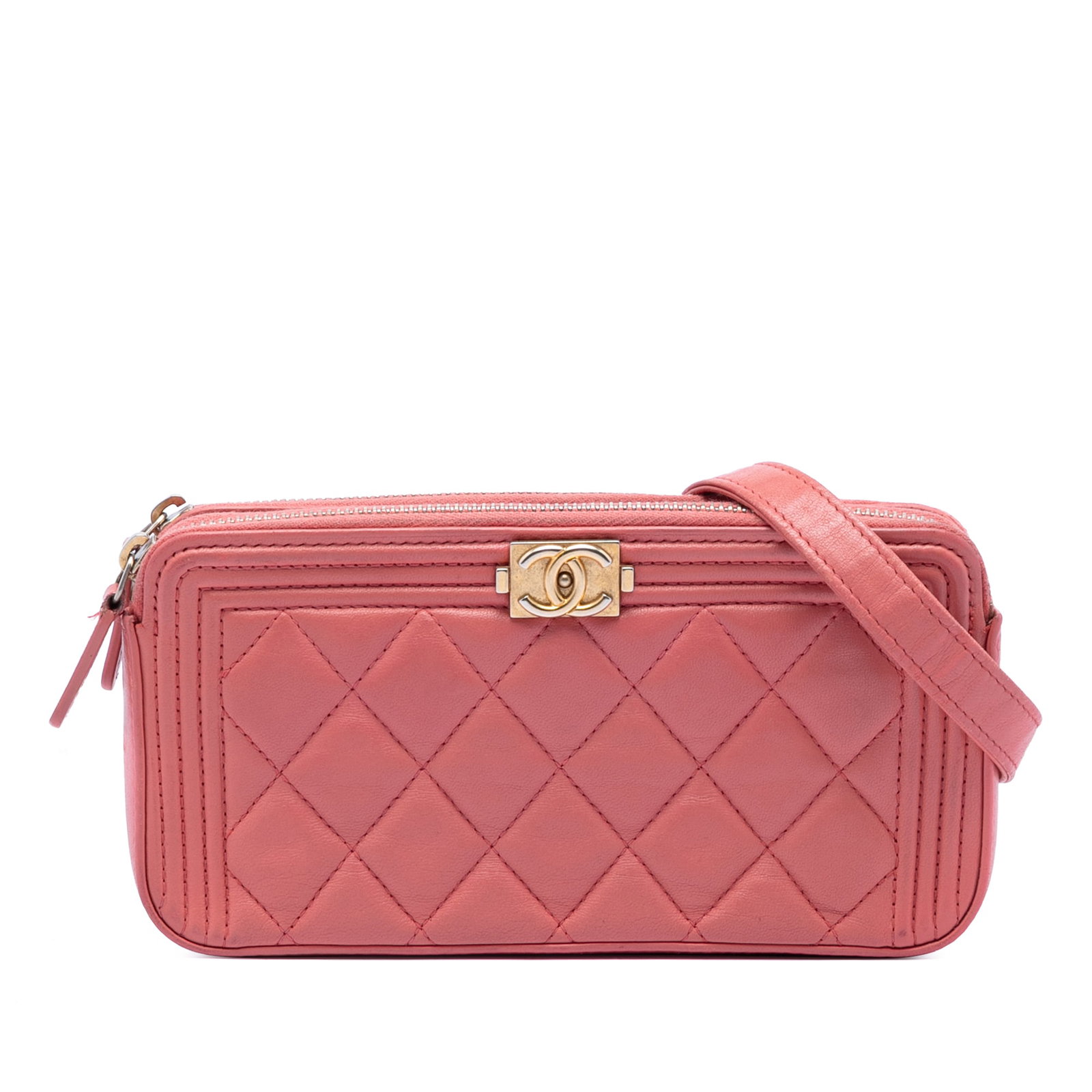 Chanel Boy Caviar Leather Pink Double Zip Crossbody Clutch with Chain: Chanel Boy Caviar Leather Pink Double Zip Crossbody Clutch with Chain This Chanel Quilted Caviar Boy Double Zip Clutch With Chain is crafted from pink quilted caviar leather. It features a detachable 
