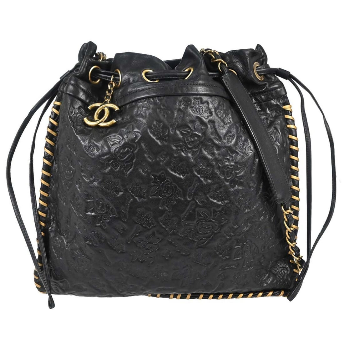 CHANEL Camellia Drawstring Bucket Shoulder Bag Black Embossed Calfskin (1 of 16)