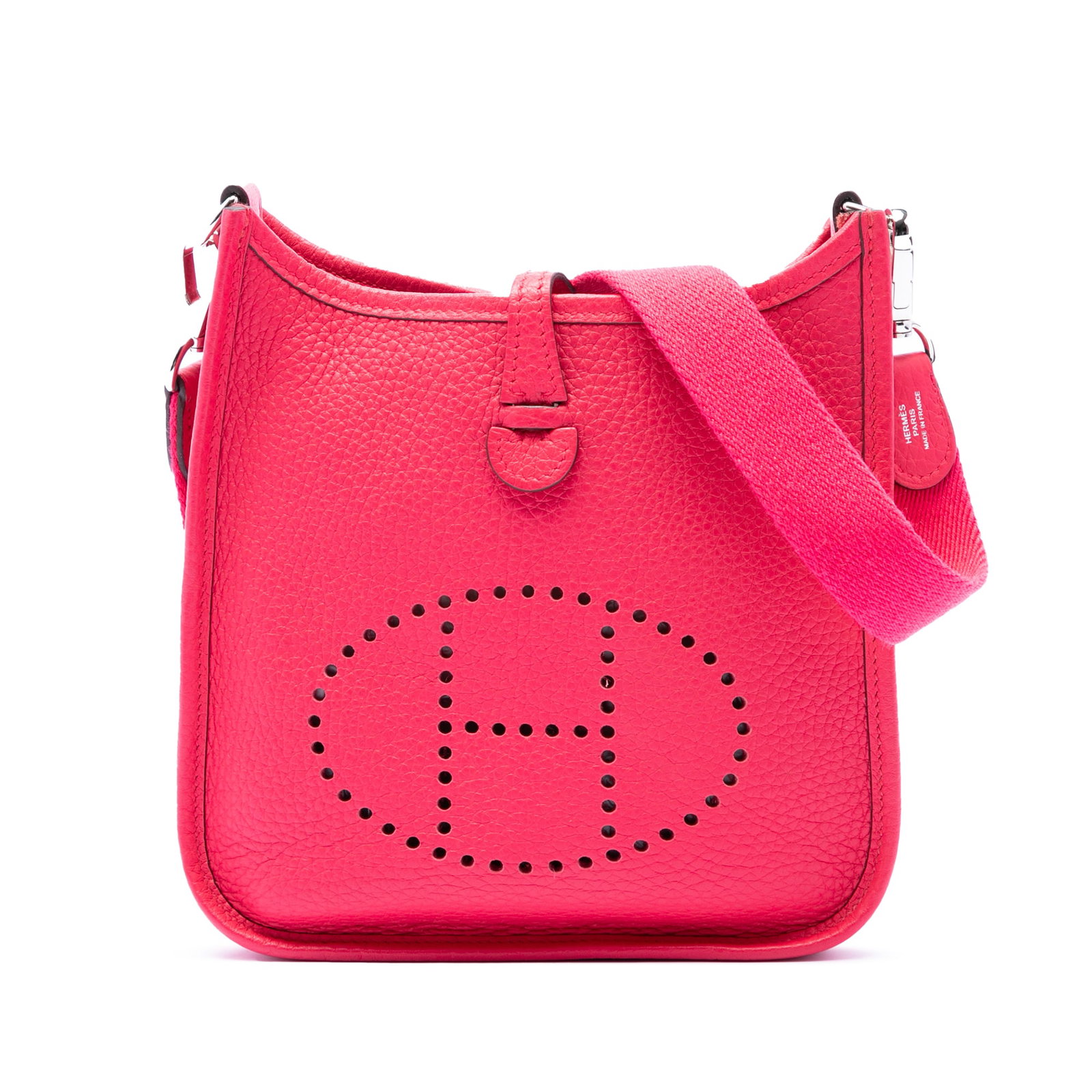 Hermes Evelyne I TPM Clemence Leather Shoulder Bag: Hermes Evelyne I TPM Clemence Leather Shoulder Bag Hermes Evelyne I TPM shoulder bag crafted in Clemence leather in Rose Mexico. This compact bag features a detachable flat canvas strap and an open to