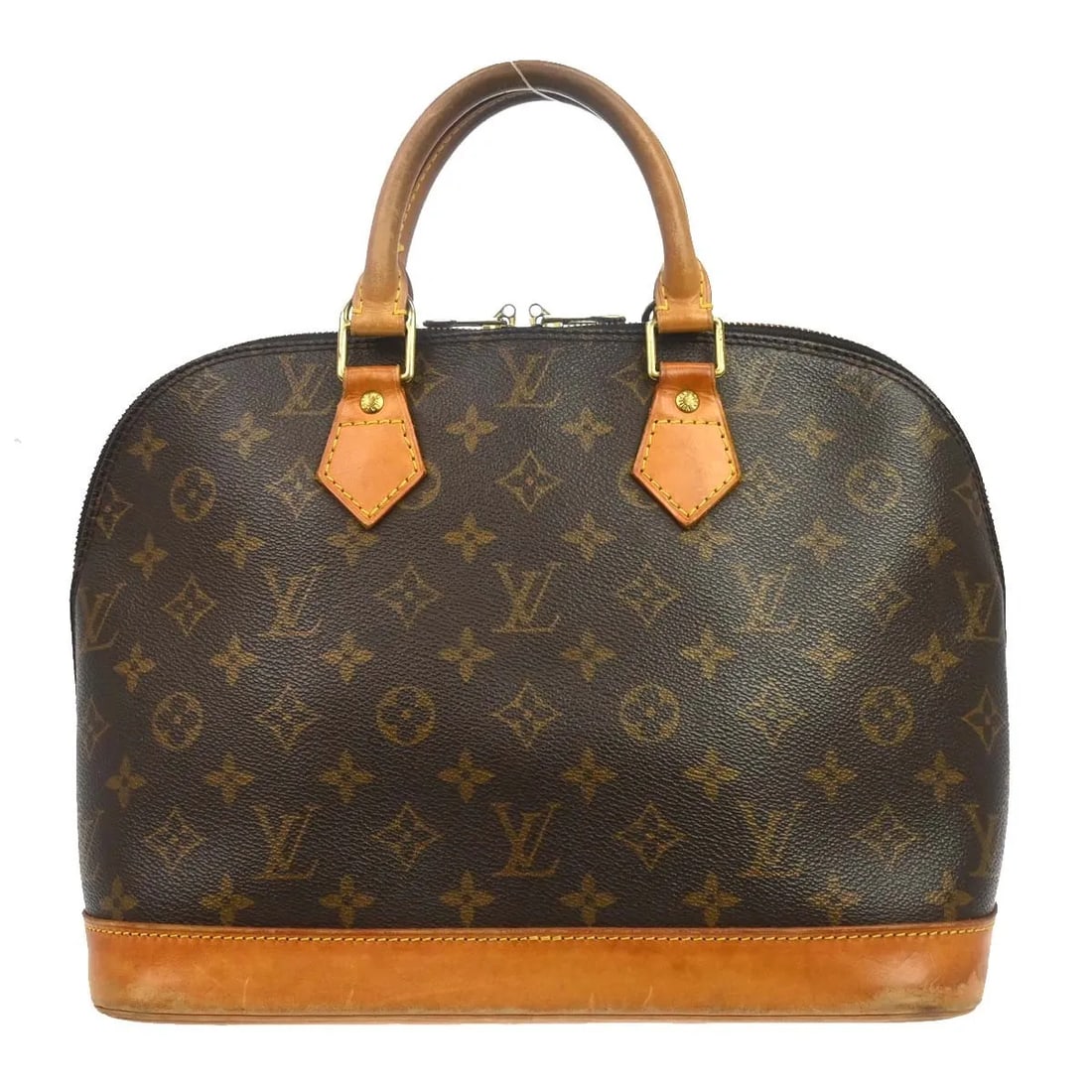 Louis Vuitton Alma Handbag Brown Monogram Canvas: Louis Vuitton Alma Handbag Brown Monogram Canvas This Louis Vuitton Alma handbag features the iconic monogram canvas in brown, designed for women. The bag shows visible signs of wear, including scuffs