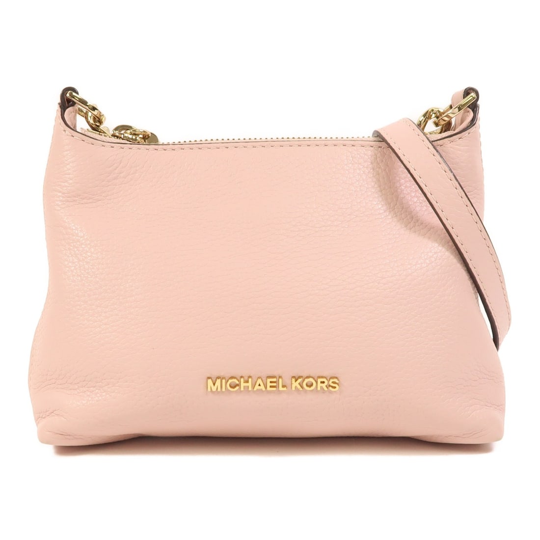 Pink Calfskin Michael Kors Shoulder Purse with Gold Hardware: Pink Calfskin Michael Kors Shoulder Purse with Gold Hardware This Michael Kors shoulder bag features a pink calfskin leather exterior and gold tone hardware. Designed for regular use, it offers a styl