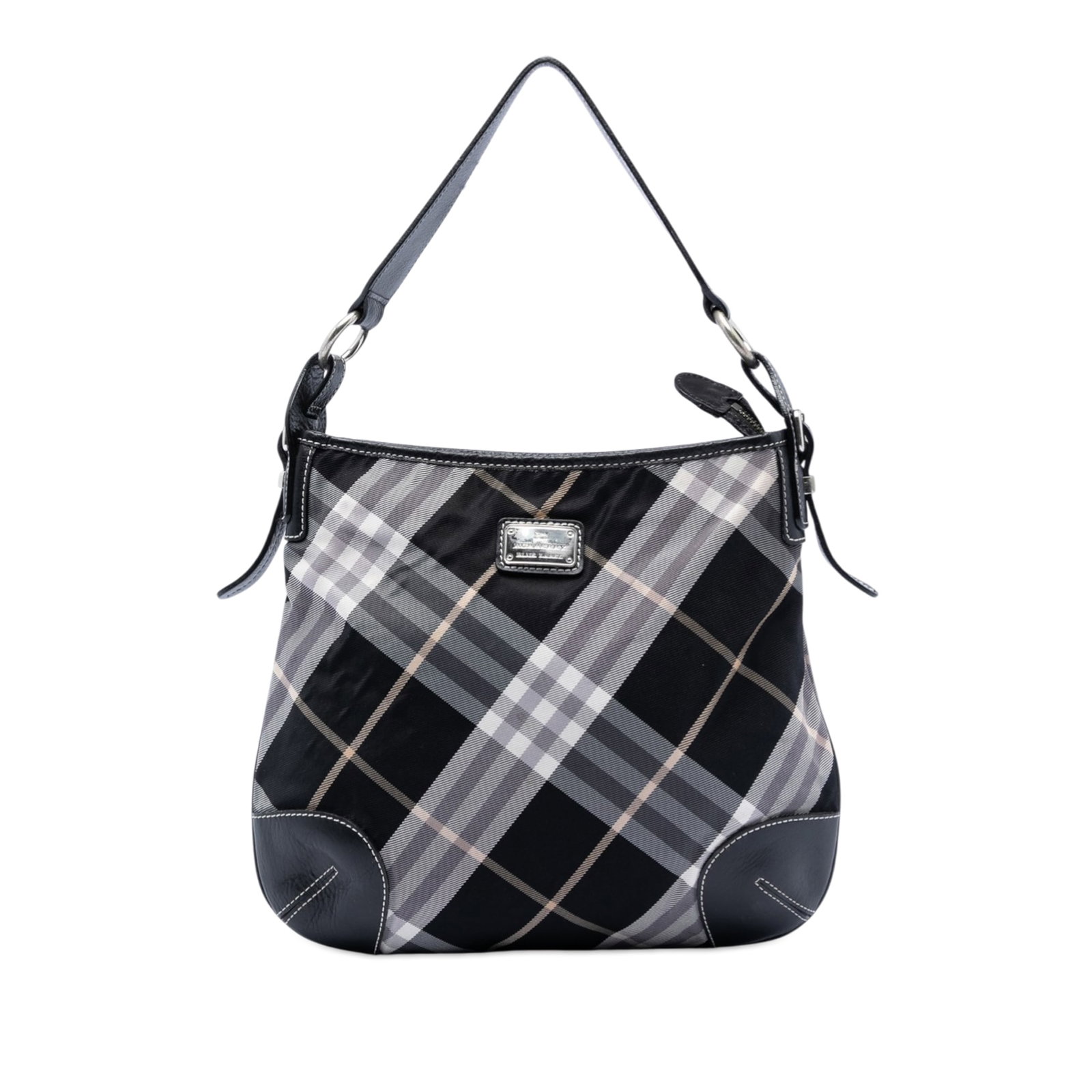 Burberry Black Supernova Check Canvas Shoulder Hobo Bag with Leather Trim: Burberry Black Supernova Check Canvas Shoulder Hobo Bag with Leather Trim This Burberry hobo bag showcases the iconic Supernova check canvas with leather trim, featuring a flat leather strap, top zip 