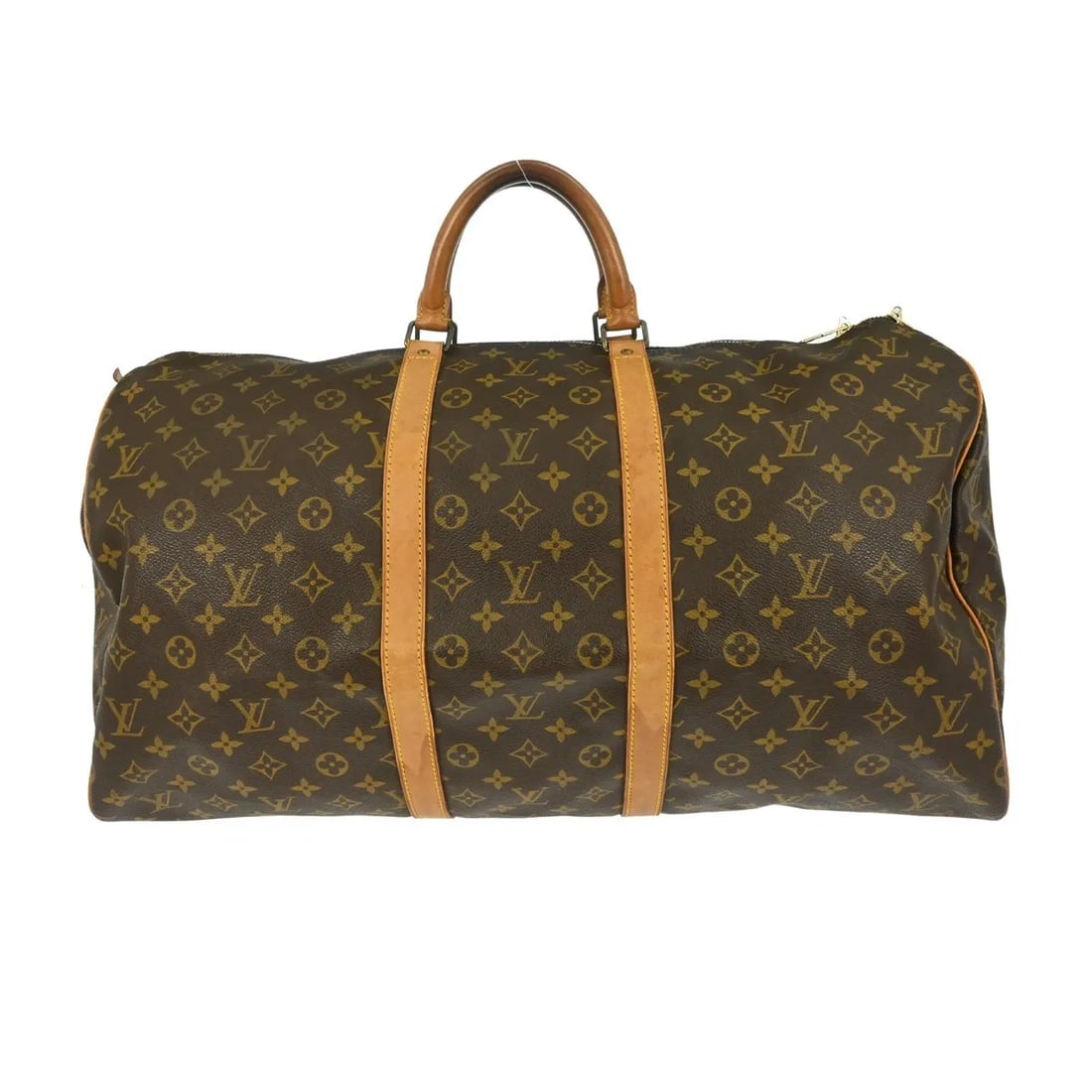 Louis Vuitton Keepall travel bag in brown monogram canvas: Louis Vuitton Keepall travel bag in brown monogram canvas Louis Vuitton Keepall in brown monogram canvas. This unisex travel bag is presented in fair condition with visible wear. The exterior shows sc
