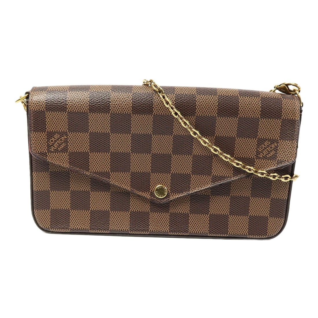 Louis Vuitton Felice Damier Brown Chain Shoulder Bag GHW N63032: Louis Vuitton Felice Damier Brown Chain Shoulder Bag GHW N63032 This Louis Vuitton Felice Pochette chain shoulder bag features the iconic Damier brown PVC coated canvas, offering both durability and t
