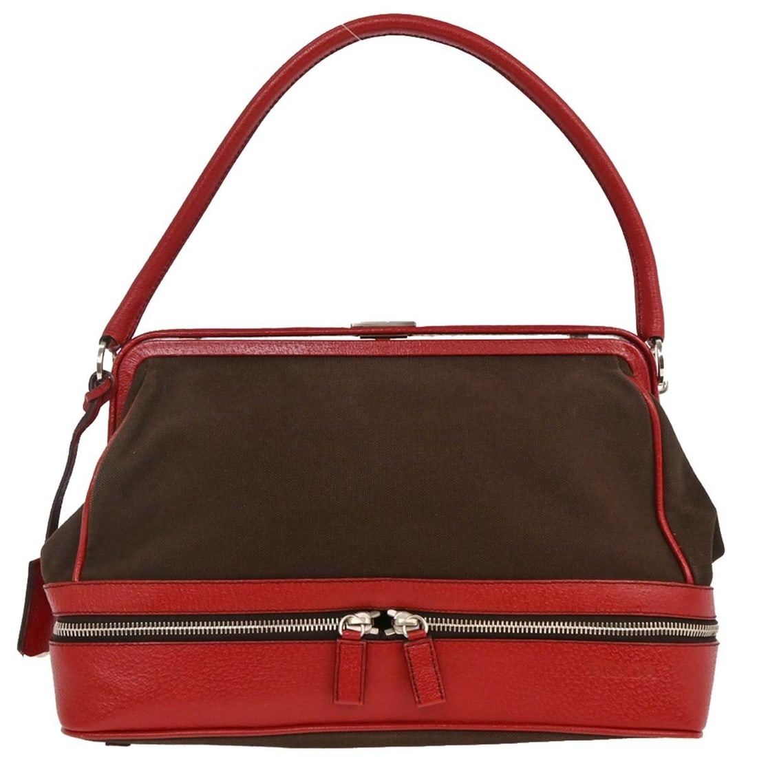 Prada medium top handle handbag in brown red canvas leather (1 of 10)