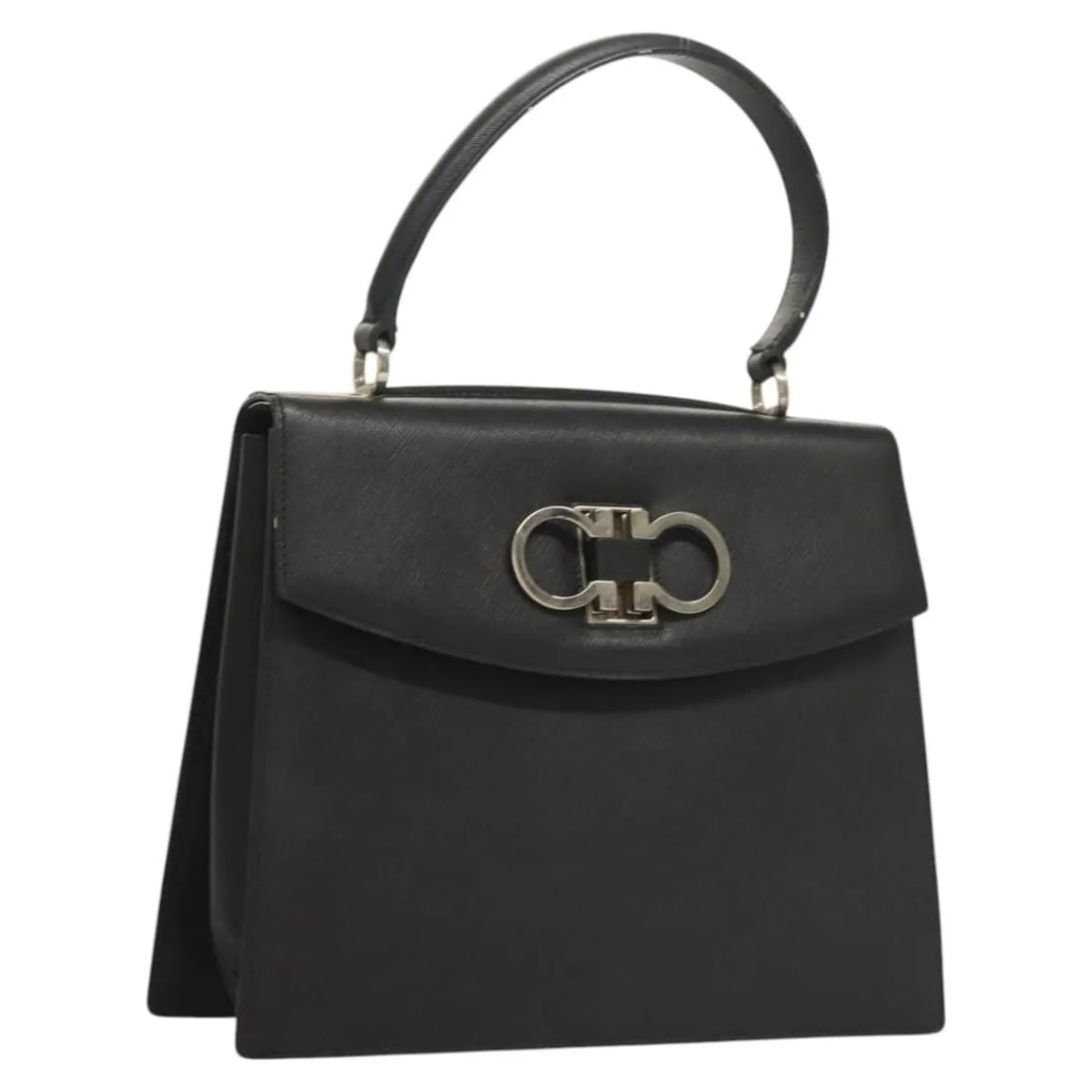 Salvatore Ferragamo Double Gancini Black Leather Top Handle Bag: Salvatore Ferragamo Double Gancini Black Leather Top Handle Bag Salvatore Ferragamo Double Gancini top handle bag in black leather. This vintage piece shows honest wear consistent with good condition,