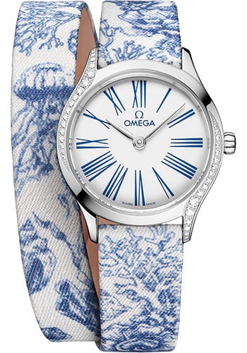 Ladies Omega Mini Tresor De Ville Quartz Watch White Blue Dial Diamond Bezel: Ladies Omega Mini Tresor De Ville Quartz Watch White Blue Dial Diamond Bezel This Omega De Ville Mini Tresor Quartz watch features a white dial with blue Roman numeral markers and a smooth bezel set w