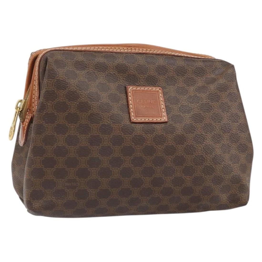 Celine Brown Macadam Canvas and PVC Leather Pouch Bag Gold Accents: Celine Brown Macadam Canvas and PVC Leather Pouch Bag Gold Accents This is a CELINE Macadam canvas pouch crafted from PVC leather in brown and gold tones. The pouch features the classic Macadam patter