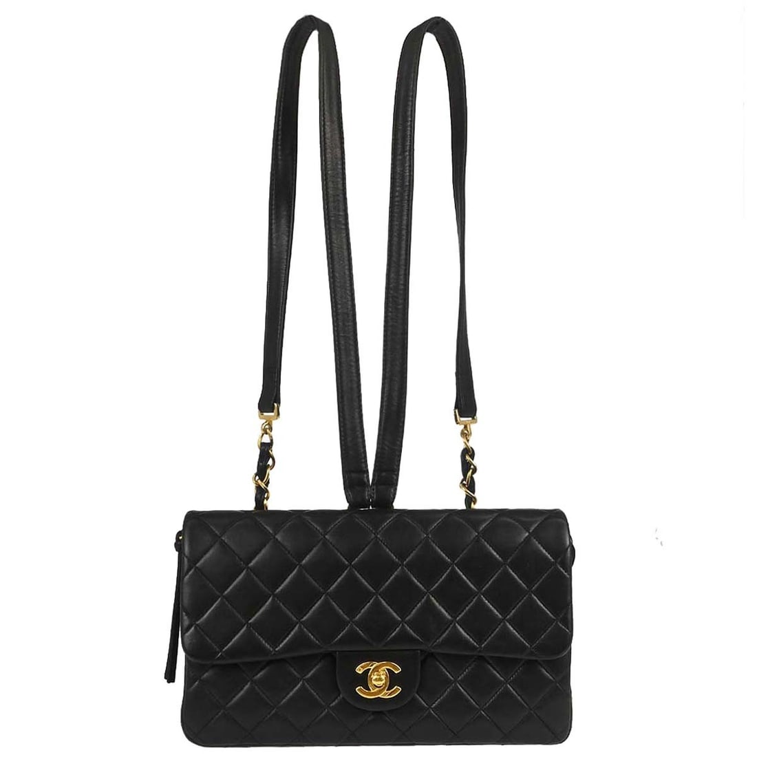 CHANEL Duma Small Black Lambskin Leather Backpack: CHANEL Duma Small Black Lambskin Leather Backpack Chanel Duma small backpack in black lambskin leather with a turn-lock closure. Made in France, this women's backpack features one exterior pocket plus