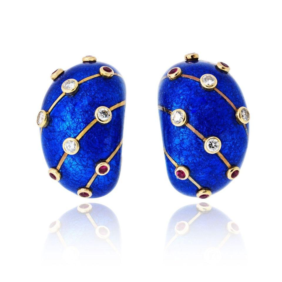 Tiffany & Co. Schlumberger Banana Earrings 18K Gold With Blue Enamel Ruby Diamond Accents: Tiffany & Co. Schlumberger Banana Earrings 18K Gold With Blue Enamel Ruby Diamond Accents These Tiffany & Co. Schlumberger Banana earrings are crafted from 18K yellow gold and feature a distinctive cu