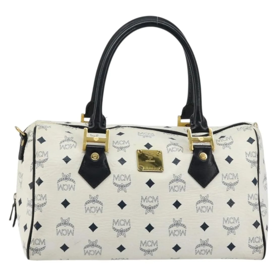 MCM Visetos Logogramme White Leather Handbag: MCM Visetos Logogramme White Leather Handbag MCM Visetos logogramme leather bag in white. This vintage piece is made in Germany and remains in good condition with honest wear consistent with age and u