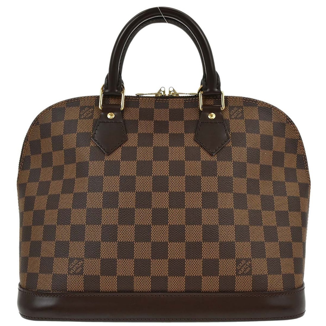 Louis Vuitton Alma Brown Damier Top Handle Bag N51131: Louis Vuitton Alma Brown Damier Top Handle Bag N51131 Vintage Louis Vuitton Alma handbag in Damier canvas with leather trim and double handles. This top handle bag features a zip closure, brown Ebene 