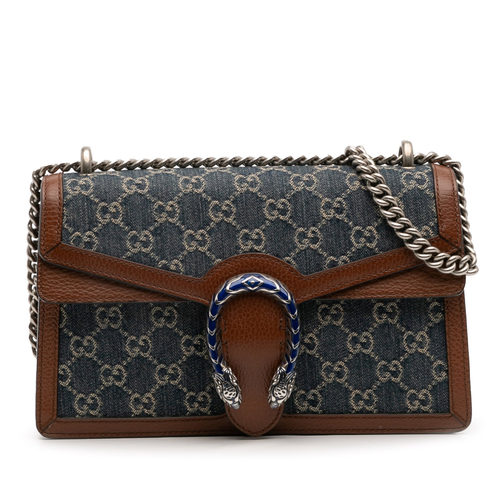 Gucci Dionysus Medium Blue GG Denim Shoulder Bag with Leather Trim: Gucci Dionysus Medium Blue GG Denim Shoulder Bag with Leather Trim The Gucci Small GG Denim Dionysus Shoulder Bag combines a stylish denim body with luxurious leather trim. It features a convenient fr