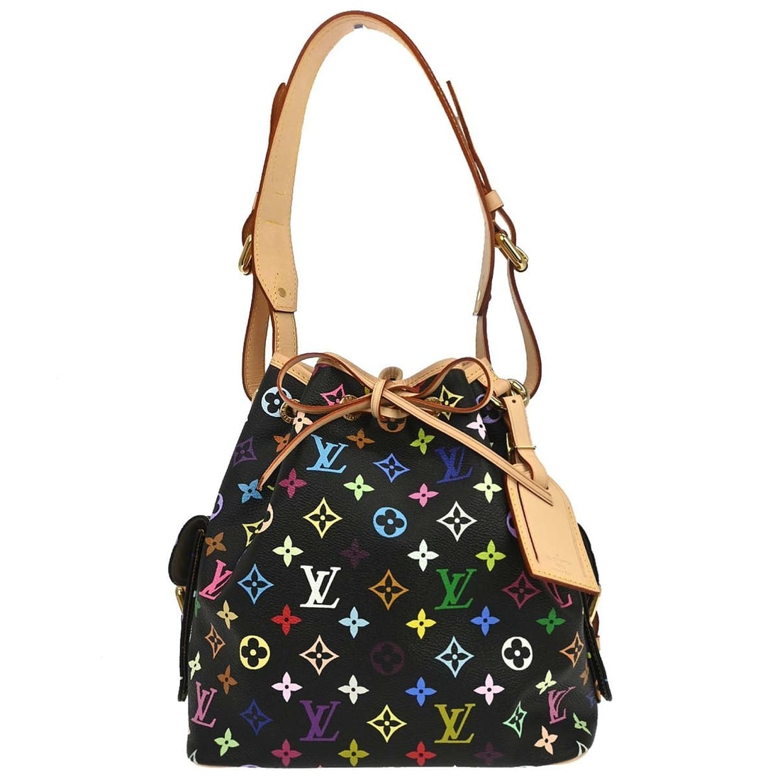 Louis Vuitton Petite Noe Black Monogram Multicolor Bucket Bag M42230: Louis Vuitton Petite Noe Black Monogram Multicolor Bucket Bag M42230 Louis Vuitton Petite Noe handbag in black Monogram Multicolor canvas with leather trim. This women's bucket and drawstring bag feat