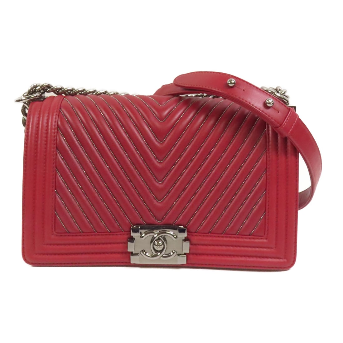 Red Lambskin Chanel Boy 25 Shoulder Bag with Silver Tone CC Hardware (1 of 16)