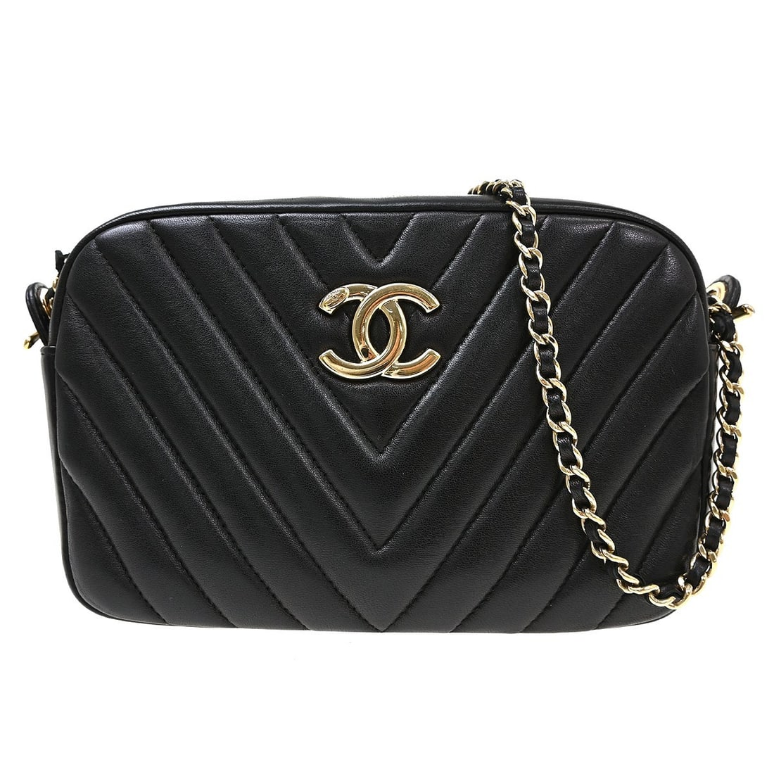 CHANEL Mini Camera Crossbody Bag Black Lambskin Chain Strap: CHANEL Mini Camera Crossbody Bag Black Lambskin Chain Strap Mini Chanel camera bag in black lambskin with a chevron design and zip closure. This women's shoulder bag features a single chain crossbody 