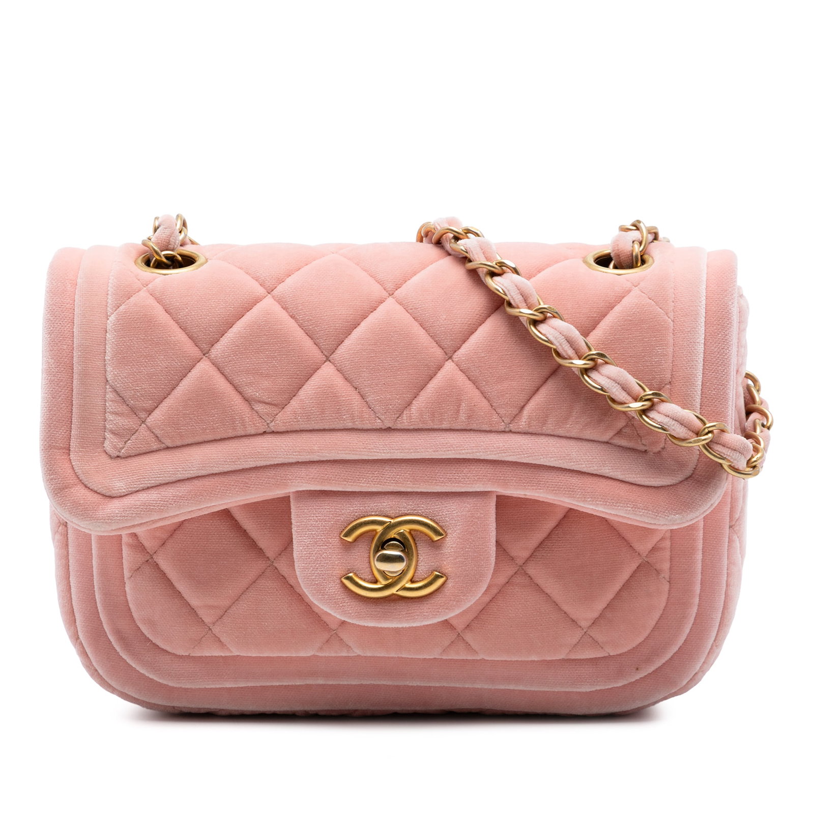 Chanel Pink Quilted Velvet Mini Flap Bag: Chanel Pink Quilted Velvet Mini Flap Bag This Chanel Mini Quilted Velvet Double Frame Flap bag features a pink quilted velvet exterior with a leather-woven chain strap and leather guard. It is designe