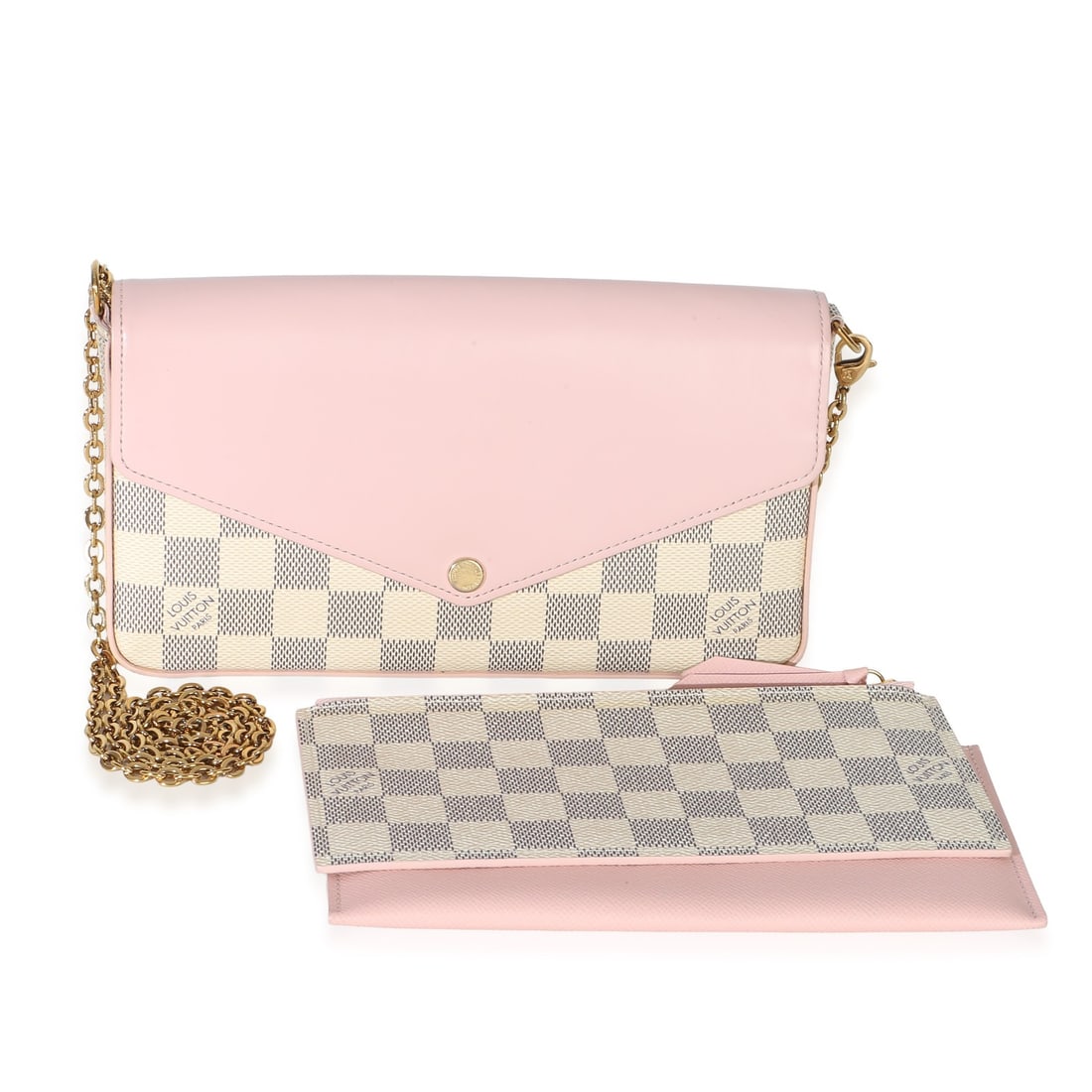 Louis Vuitton Felicie Pochette Damier Azur Canvas Shoulder Bag: Louis Vuitton Felicie Pochette Damier Azur Canvas Shoulder Bag This Louis Vuitton Felicie Pochette features the Rose Damier Azur canvas with calfskin accents. The small shoulder bag is designed with a