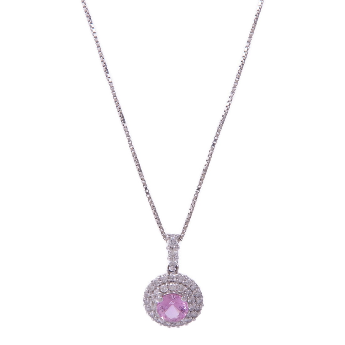Pink Sapphire Diamond Necklace in PT900 Platinum: Pink Sapphire Diamond Necklace in PT900 Platinum JEWELRY This exquisite necklace features a stunning pink sapphire as the main stone, beautifully complemented by diamonds. Crafted from high-quality Pt