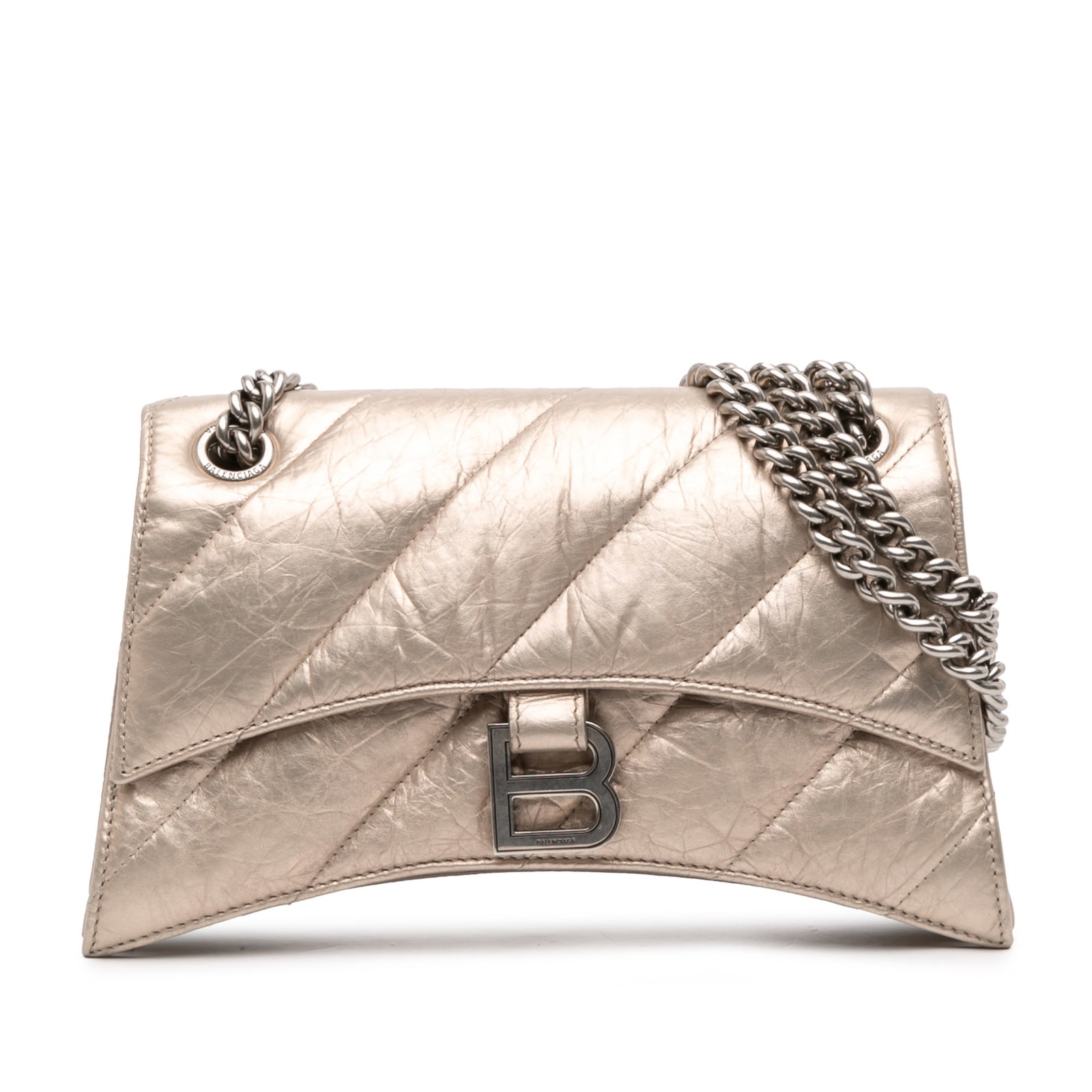 Balenciaga Crush Small Beige Metallic Quilted Leather Chain Shoulder Bag: Balenciaga Crush Small Beige Metallic Quilted Leather Chain Shoulder Bag This Balenciaga Small Metallic Calfskin Crush Chain Shoulder Bag features a quilted metallic leather exterior in beige with sil