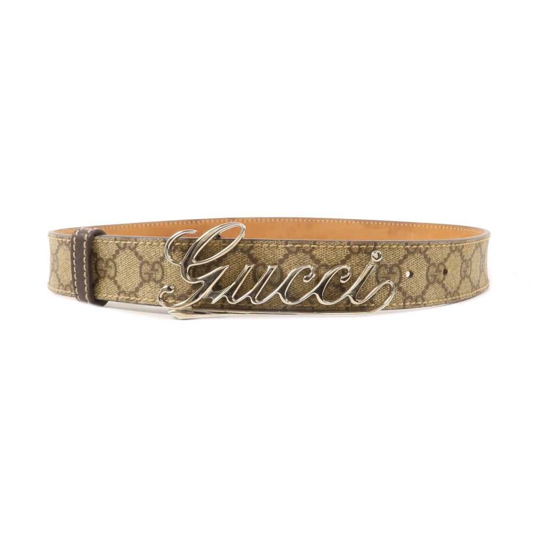 Gucci Brown PVC Coated Canvas Belt Size 80: Gucci Brown PVC Coated Canvas Belt Size 80 This Gucci belt is crafted from brown PVC coated canvas and features the iconic GG pattern with silver hardware. Designed for women, it is a size 80 and offe