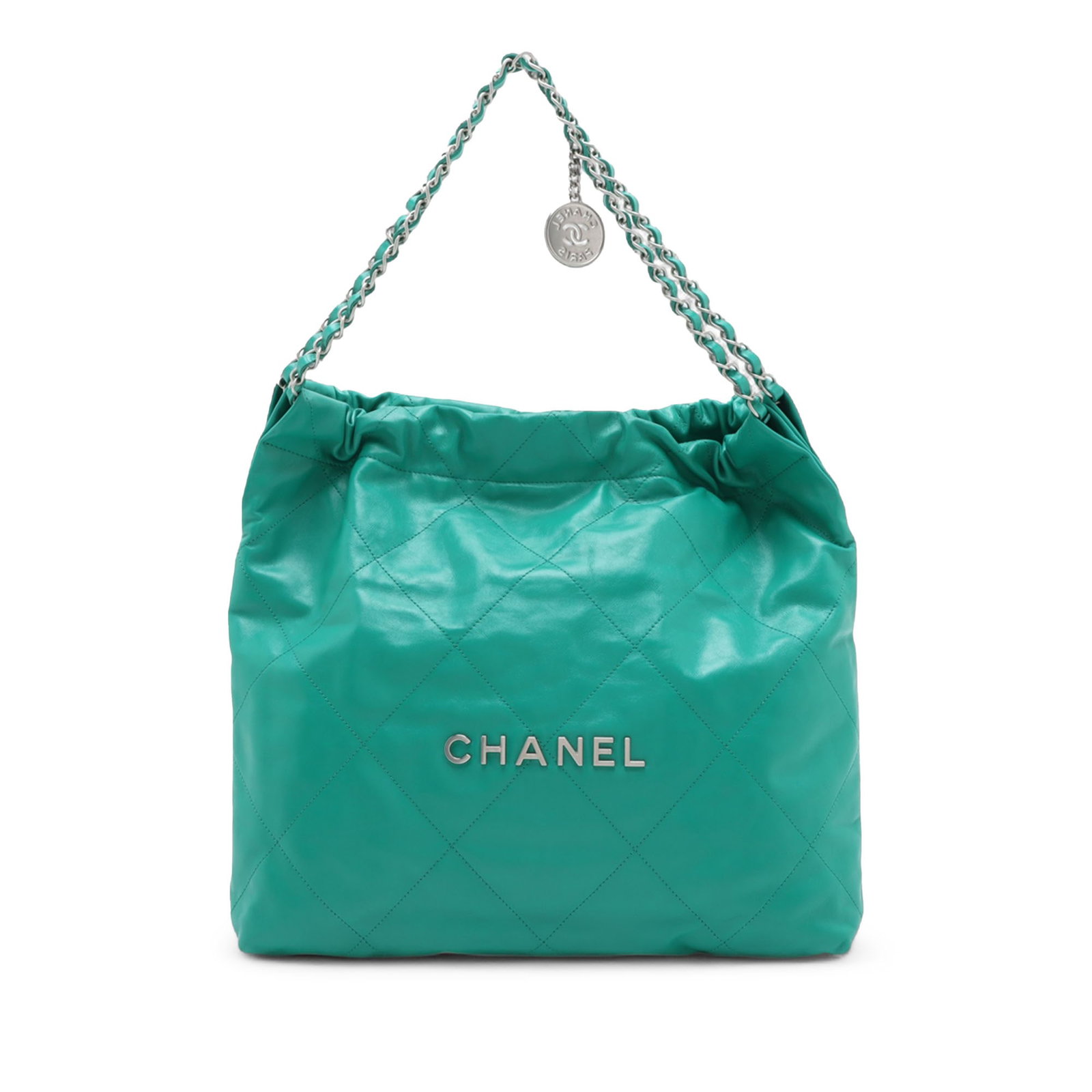 Chanel 22 Quilted Green Leather Tote Bag: Chanel 22 Quilted Green Leather Tote Bag This Chanel Medium Quilted Shiny Calfskin 22 Handbag features a glossy green calf leather exterior with quilted detailing. It is designed with leather-woven ch