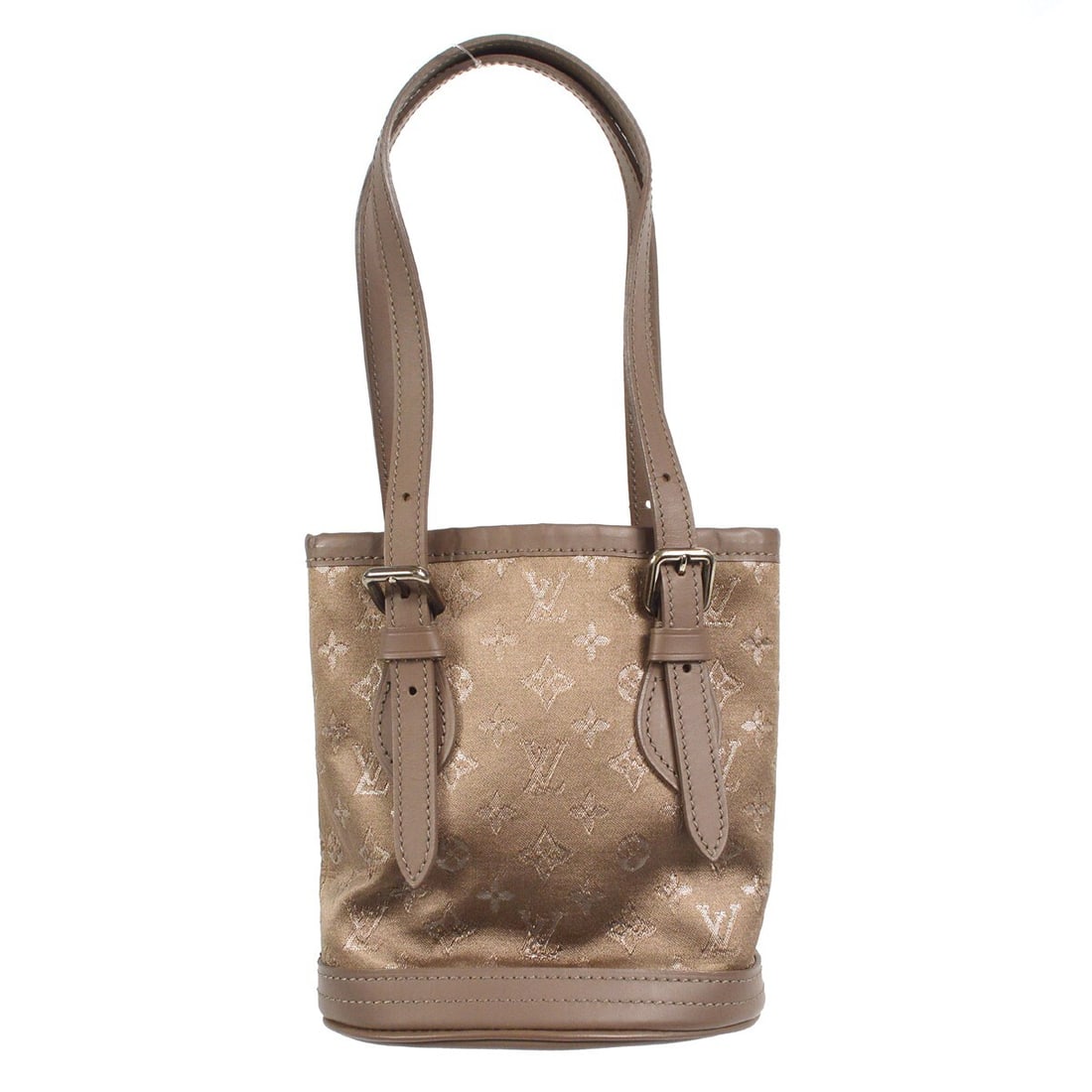 Louis Vuitton Little Bucket Mini Handbag Gray Monogram Satin M92145: Louis Vuitton Little Bucket Mini Handbag Gray Monogram Satin M92145 Louis Vuitton Little Bucket handbag in gray Monogram satin with leather trim. This mini handbag features double handles, an open top
