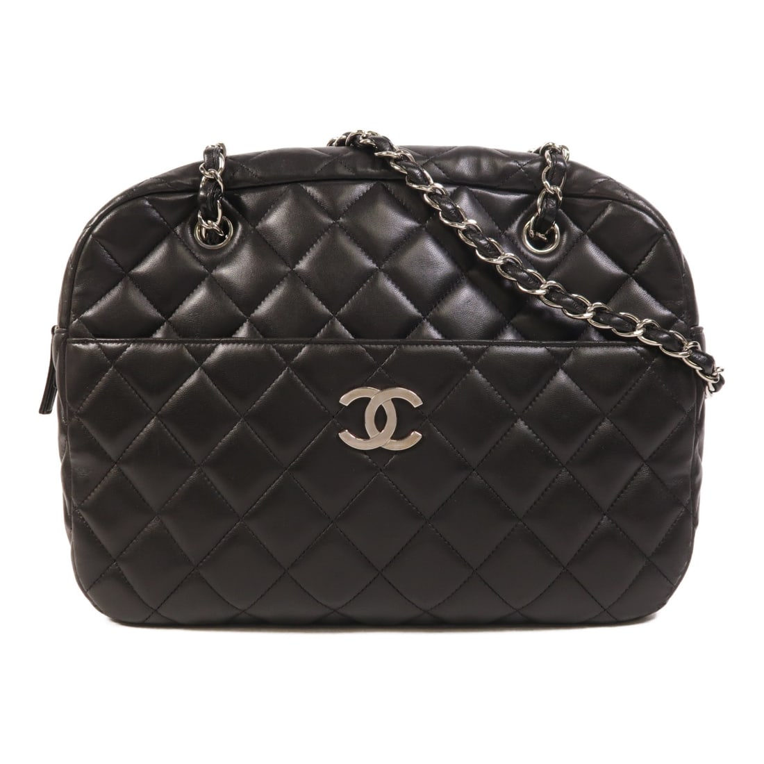 Chanel Black Lambskin Shoulder Bag with Silver Tone Chain CC Logo: Chanel Black Lambskin Shoulder Bag with Silver Tone Chain CC Logo This CHANEL shoulder bag features black lambskin leather and a classic chain design with silver-tone hardware. Designed for women, it 