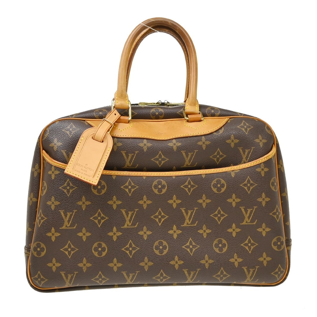 Louis Vuitton Deauville Monogram Canvas Vanity Handbag M47270: Louis Vuitton Deauville Monogram Canvas Vanity Handbag M47270 Vintage Louis Vuitton Deauville Bowling Vanity handbag in brown Monogram canvas with leather trim and double handles. This medium handbag 