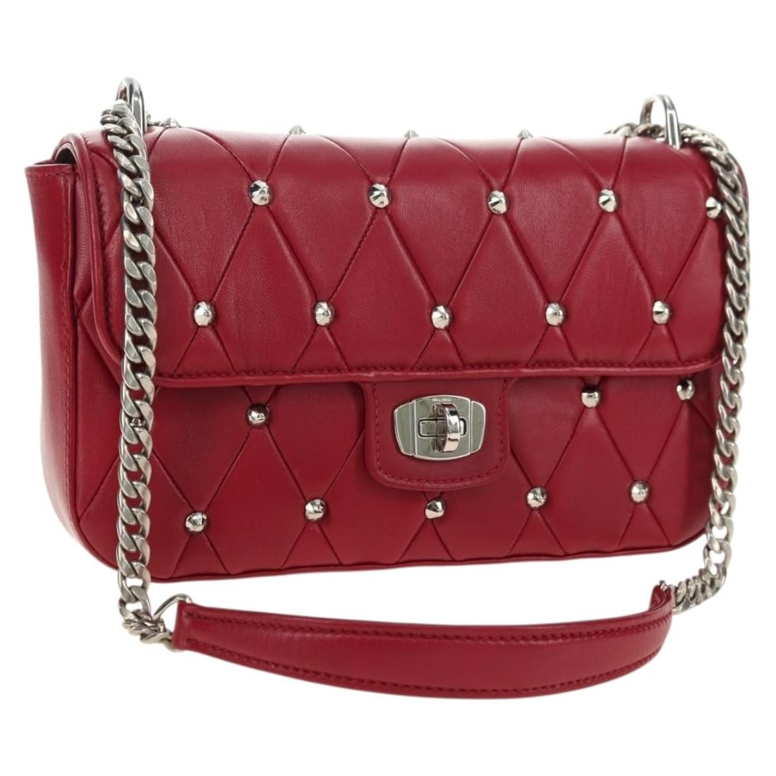 Miu Miu Red Leather Shoulder Bag with Silver Chain Strap: Miu Miu Red Leather Shoulder Bag with Silver Chain Strap Miu Miu shoulder bag in red leather with silver-tone accents. This women's bag features a chain shoulder strap with an adjustable drop. Include