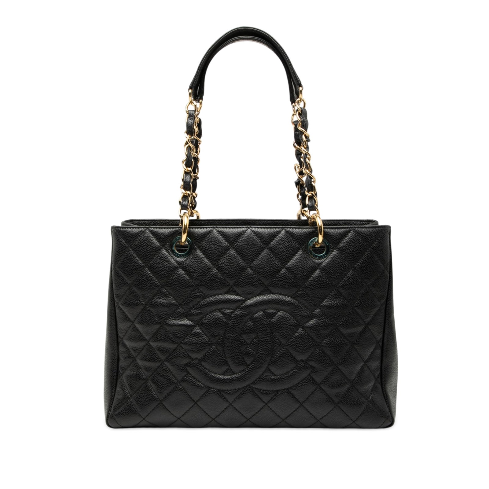 Black Leather Grand Shopping Tote with Quilted Design by Chanel: Black Leather Grand Shopping Tote with Quilted Design by Chanel This Chanel Grand Shopping Tote features a quilted Caviar leather exterior with leather-woven chain shoulder straps and an open top. The