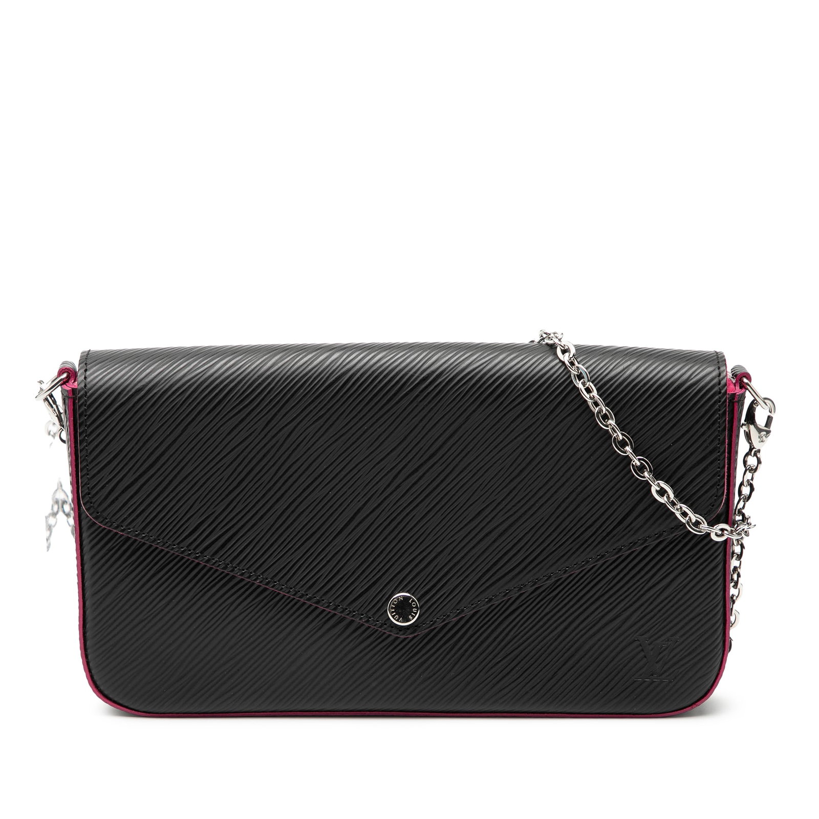 Black Epi Leather Pochette Felicie Crossbody Bag by Louis Vuitton: Black Epi Leather Pochette Felicie Crossbody Bag by Louis Vuitton The Louis Vuitton Epi Pochette Felicie features a black epi leather body, a detachable chain strap, a front flap with a snap fastener 