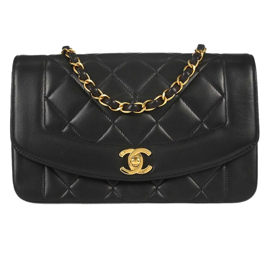 CHANEL Diana Small Black Lambskin Shoulder Bag: CHANEL Diana Small Black Lambskin Shoulder Bag Chanel Small Diana shoulder bag in black lambskin with a shoulder strap and canvas lining. This women's shoulder bag features interior pockets and is mad