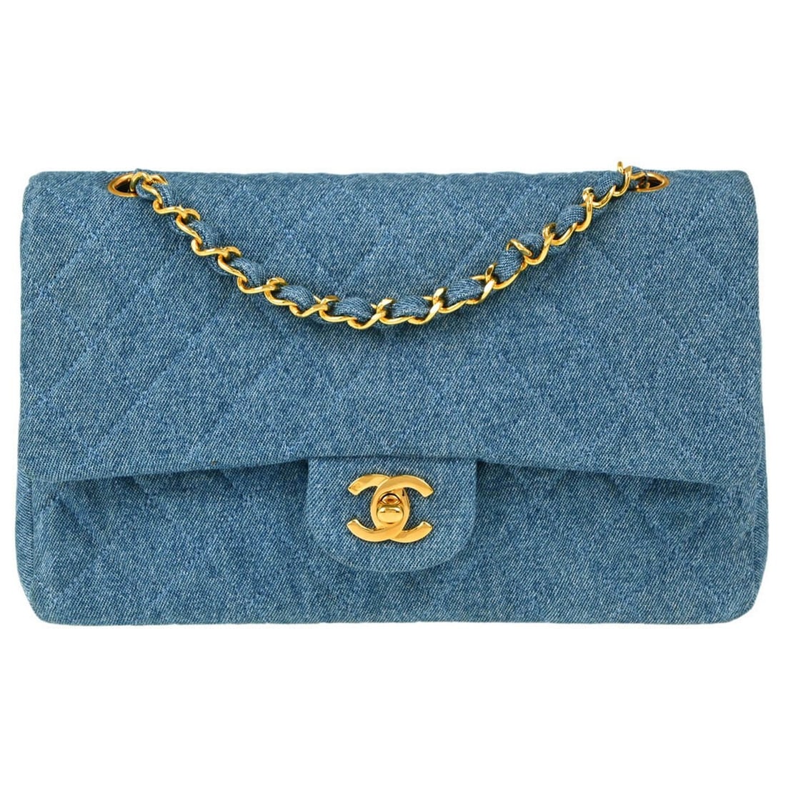 CHANEL Classic Double Flap Medium Blue Denim Shoulder Bag: CHANEL Classic Double Flap Medium Blue Denim Shoulder Bag Chanel Classic Double Flap Medium shoulder bag in blue denim with matelasse quilting and a turnlock closure. Designed with a shoulder strap, a
