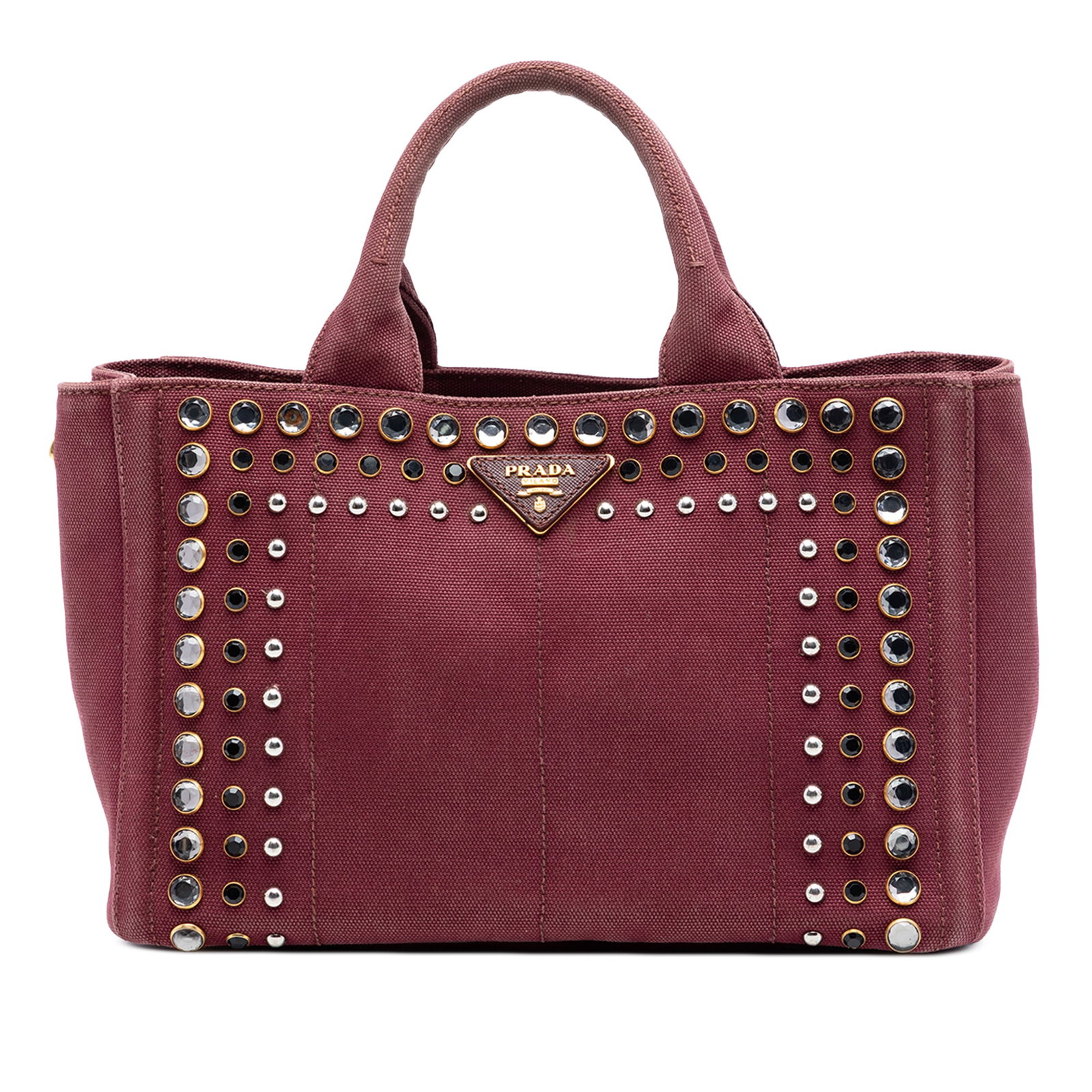 Prada Canapa Bijoux Red Canvas Satchel: Prada Canapa Bijoux Red Canvas Satchel This Prada Small Canvas Canapa Bijoux Satchel features a red studded canvas body with rolled top handles, an open top, and interior zip and slip pockets. The sat