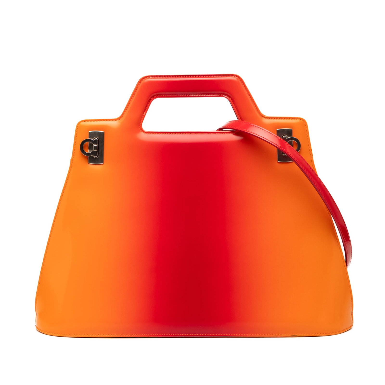 Ferragamo Wanda Gancini orange leather satchel with shoulder strap: Ferragamo Wanda Gancini orange leather satchel with shoulder strap Ferragamo Wanda top handle bag in orange gradient brushed calfskin leather. This satchel features cut-out handles, a detachable flat 