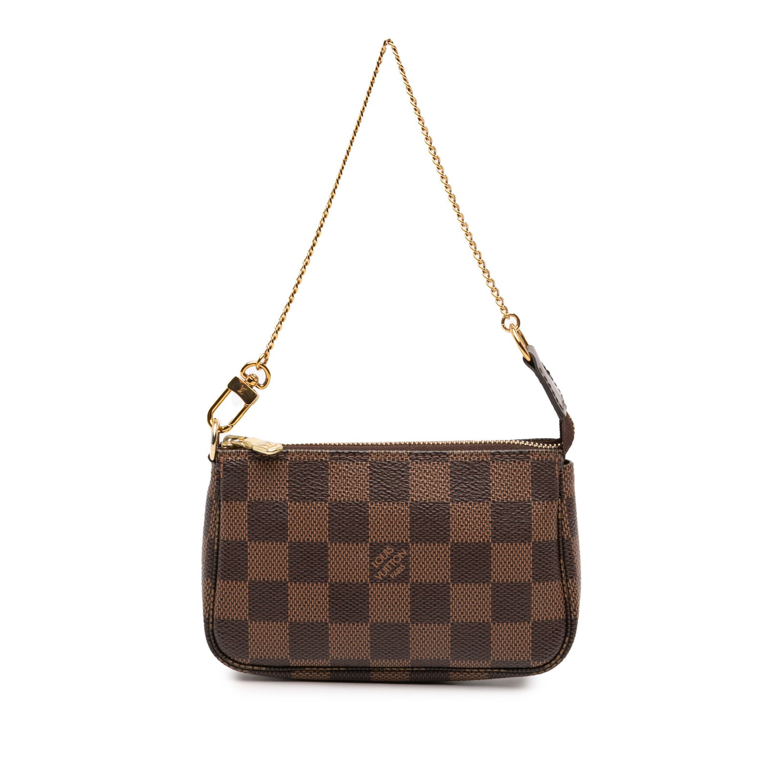 Louis Vuitton Damier Ebene Pochette Accessoires with Chain Strap: Louis Vuitton Damier Ebene Pochette Accessoires with Chain Strap This Louis Vuitton Damier Ebene Mini Pochette Accessoires features the iconic Damier canvas in brown, complemented by a gold-tone chain