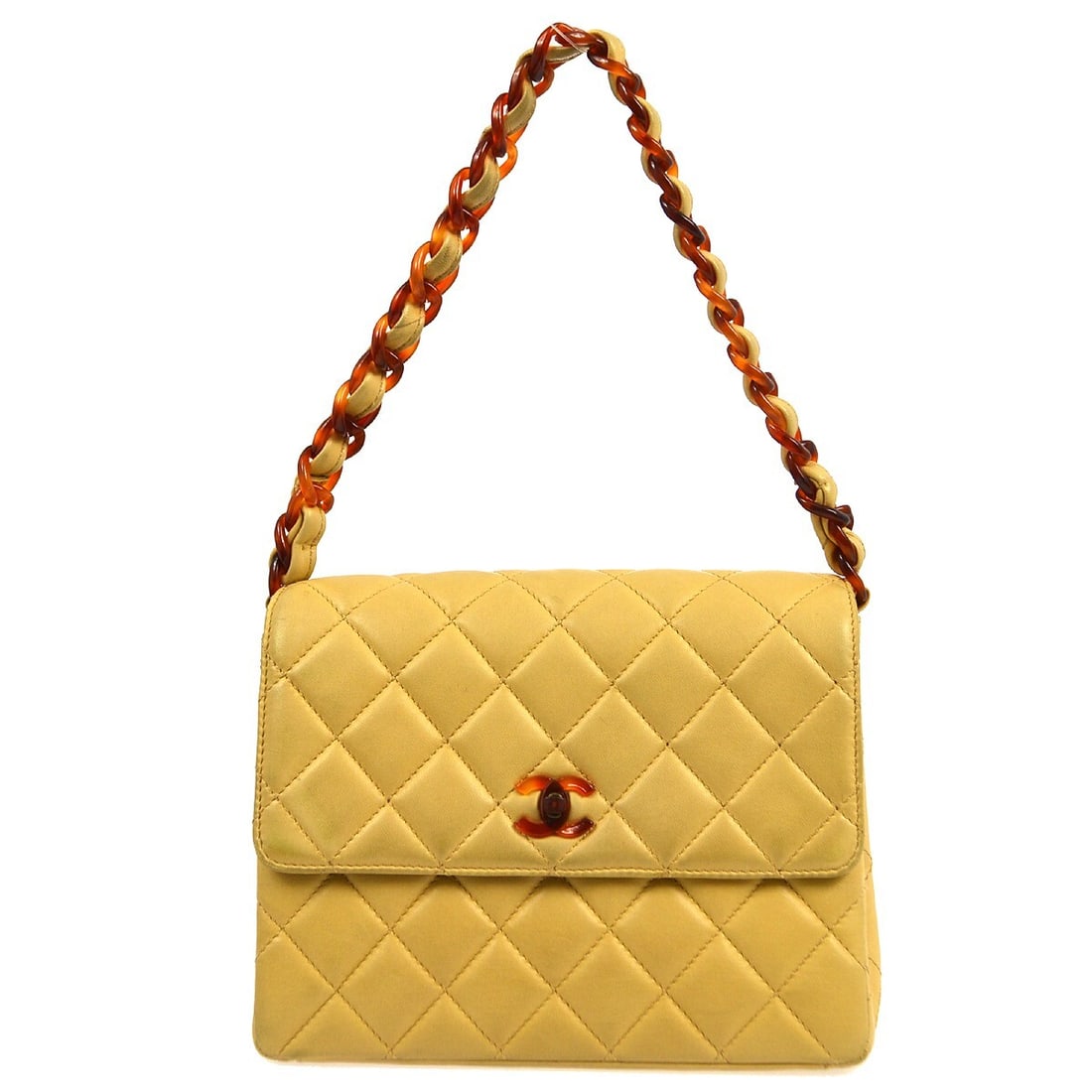 Chanel Quilted Beige Lambskin Flap Handbag with Acrylic Chain: Chanel Quilted Beige Lambskin Flap Handbag with Acrylic Chain Beige Chanel straight flap handbag in lambskin with a matelasse quilted design and acrylic chain handle. This medium women's handbag featu