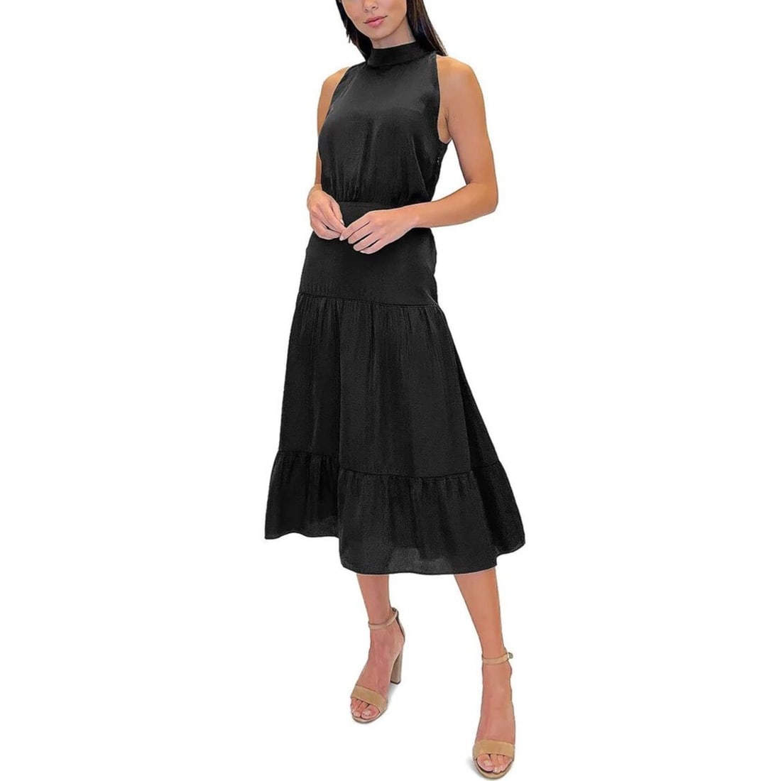 Sam Edelman Black Satin High Neck Midi Dress Women's Size 6: Sam Edelman Black Satin High Neck Midi Dress Women's Size 6 Elevate your wardrobe with this stunning Sam Edelman Women's High Neck Tiered Hem Sleeveless Midi Satin Dress in classic black. This elegant