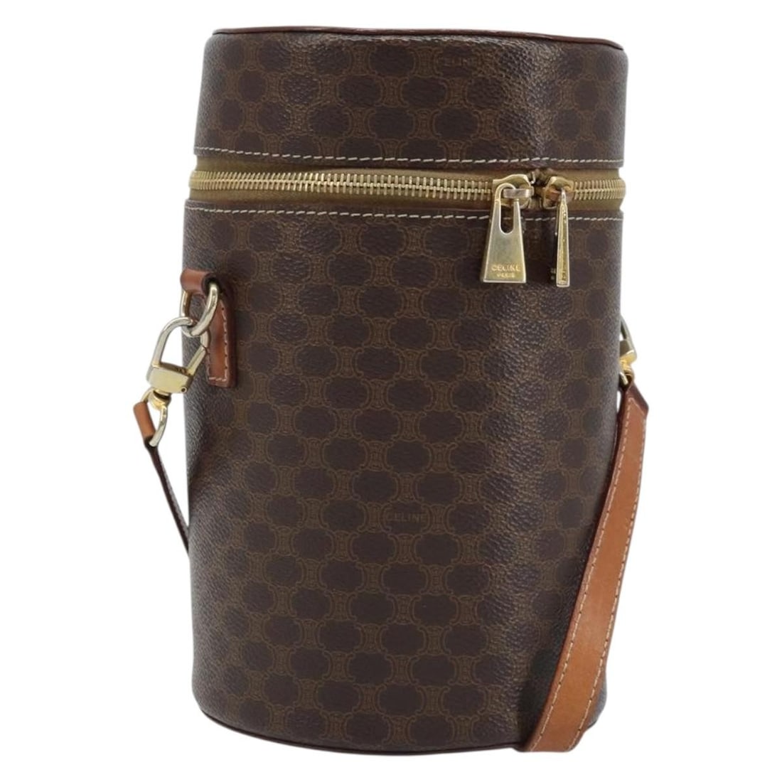 CELINE Macadam Shoulder Bag Brown PVC Leather with Dust Bag: CELINE Macadam Shoulder Bag Brown PVC Leather with Dust Bag Celine shoulder bag in Macadam canvas with PVC leather trim and a brown and gold colorway. Made in Italy, this women's bag includes a dust b