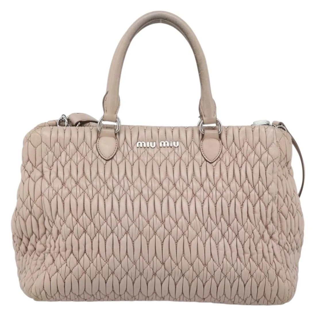 Miu Miu Crystal Tote Pink Matelasse Leather Handbag: Miu Miu Crystal Tote Pink Matelasse Leather Handbag Miu Miu Crystal Tote in pink leather. This tote shows overall wear consistent with fair pre-owned condition, including deformation, rubbing, stains,