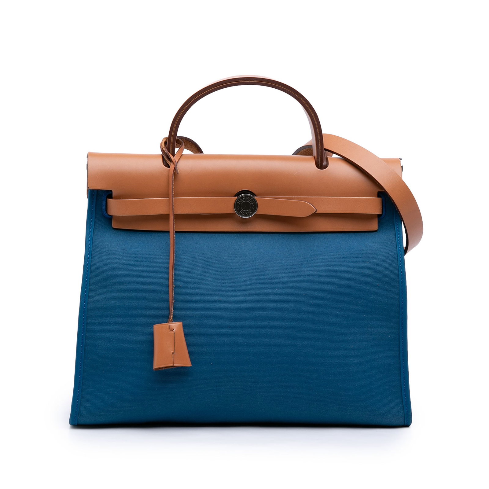 Hermes Herbag Zip 31 blue fabric shoulder bag: Hermes Herbag Zip 31 blue fabric shoulder bag This Hermes Herbag Zip 31 is a structured bag with a fabric body, leather top handle, and leather shoulder strap. The design includes a front leather flap