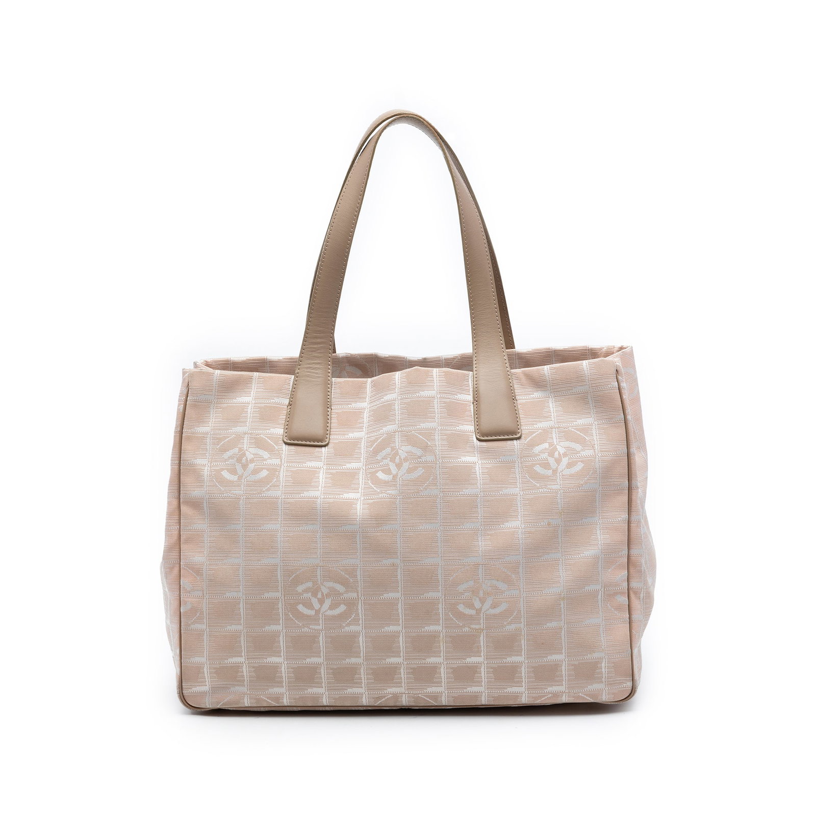 Chanel New Travel Line Beige Nylon Tote Bag: Chanel New Travel Line Beige Nylon Tote Bag Chanel New Travel Line tote bag in beige nylon with leather trim and flat leather straps. The bag features an open top and interior zip pockets. Condition i