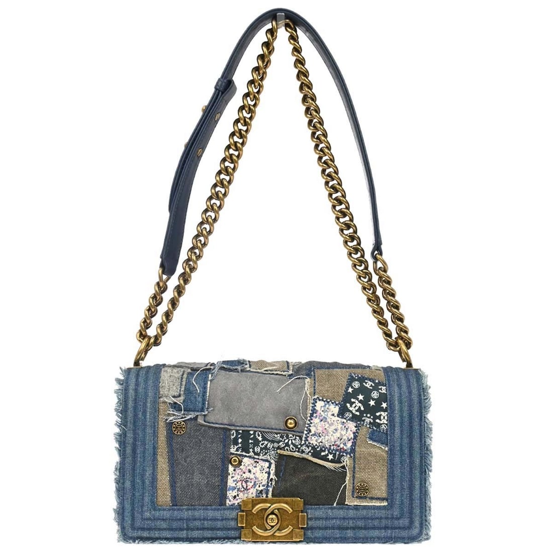 CHANEL Boy Medium Shoulder Bag Blue Denim Patchwork Chain Strap: CHANEL Boy Medium Shoulder Bag Blue Denim Patchwork Chain Strap Vintage Chanel Boy medium shoulder bag in blue denim patchwork with a push-lock closure and chain shoulder strap. The bag features a squ