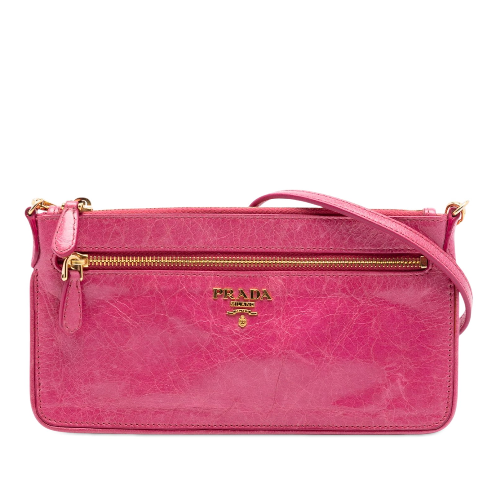 Prada Vitello Shine Pink Leather Crossbody Bag: Prada Vitello Shine Pink Leather Crossbody Bag This Prada Vitello Shine Crossbody bag is crafted from pink leather and features an adjustable flat leather strap, a top zip closure, and an exterior fro